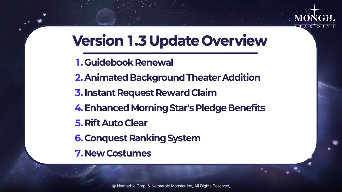 Version 1.3 Update Overview slide listing seven changes