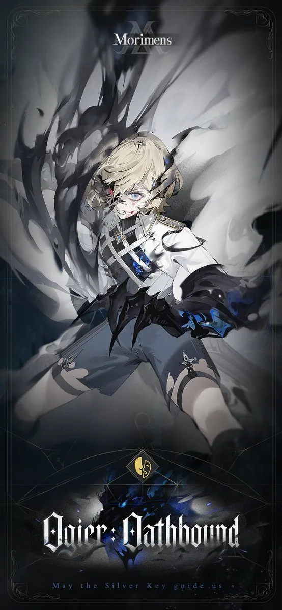 Ogier: Oathbound reveal art — a blond knight with mismatched eyes in a white shirt and harness, dark sludge boiling up behind him
