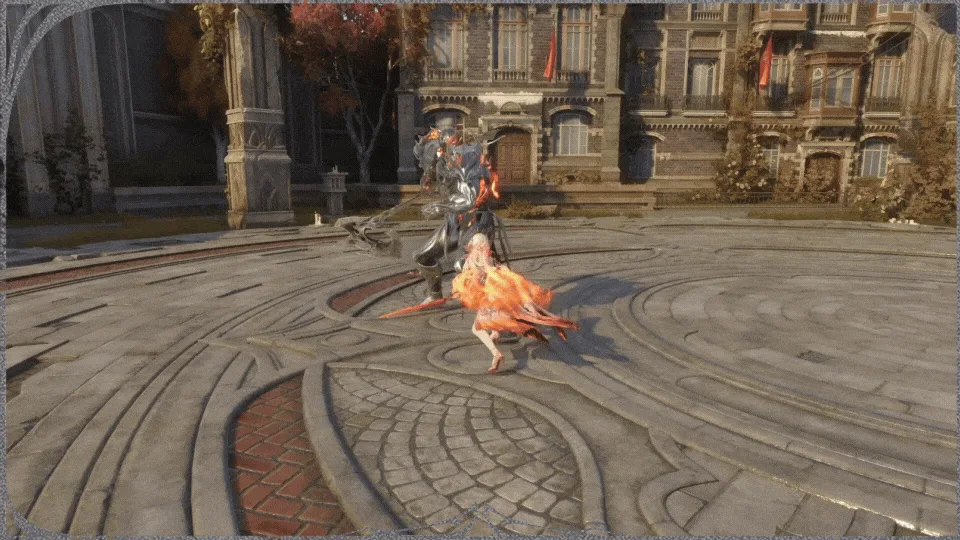 A character unleashing a fire-based attack in front of a building in Silver Palace