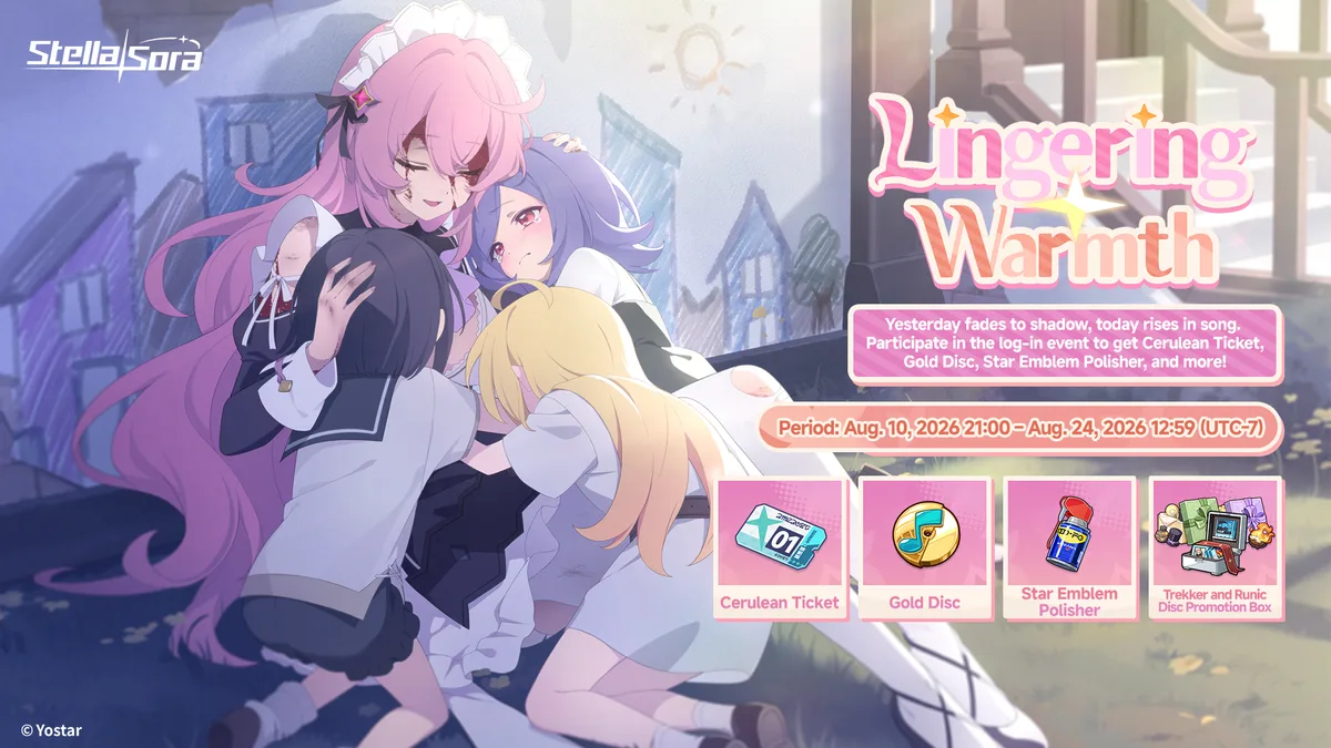 Lingering Warmth login event banner listing Cerulean Ticket, Gold Disc, Star Emblem Polisher and promotion box rewards