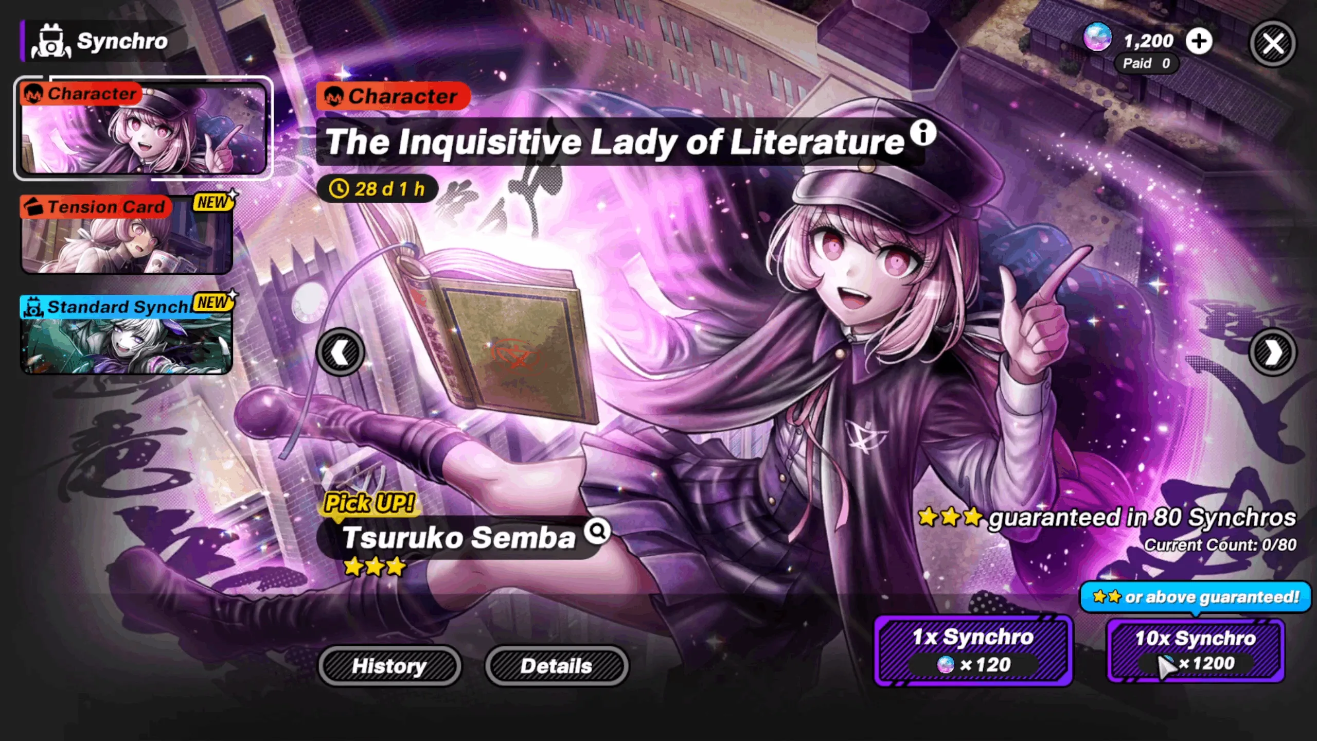 Next, navigate to the gacha menu by clicking on the robot icon on the top left-hand corner of the screen. Once in the gacha menu, make sure the character pick-up synchro is selected, then do the 10x Synchro. If you are happy with the result, then feel free to continue with the story!