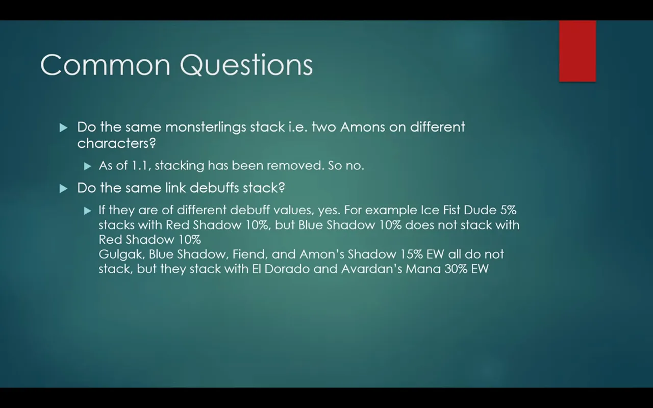 Common questions slide covering rank stacking and link debuff stacking rules.