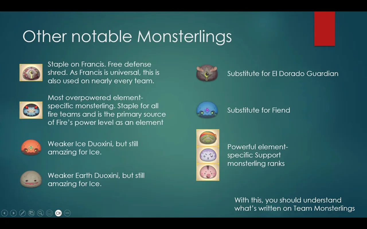 Other notable monsterlings and substitutes for element-specific teams.