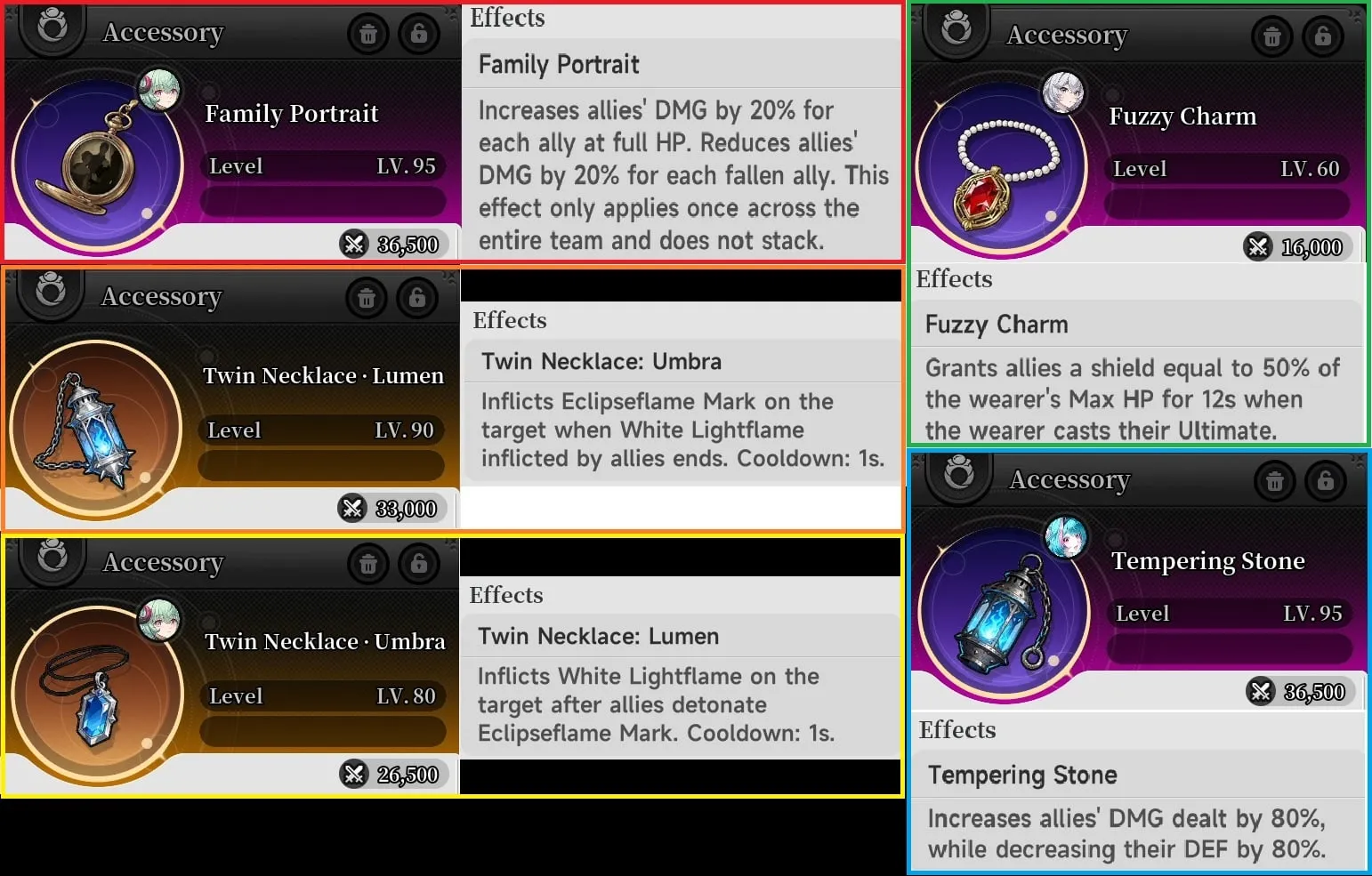 Off-field accessory options for the White Lightflame farming build