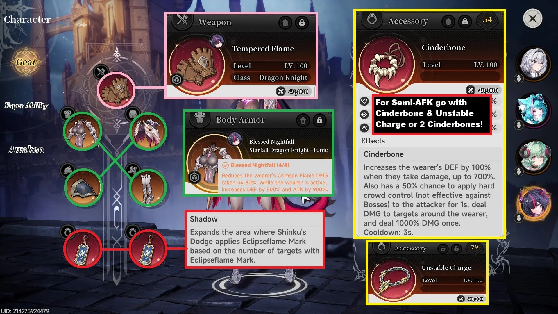 Shinku's Tempered Flame weapon and accessory options