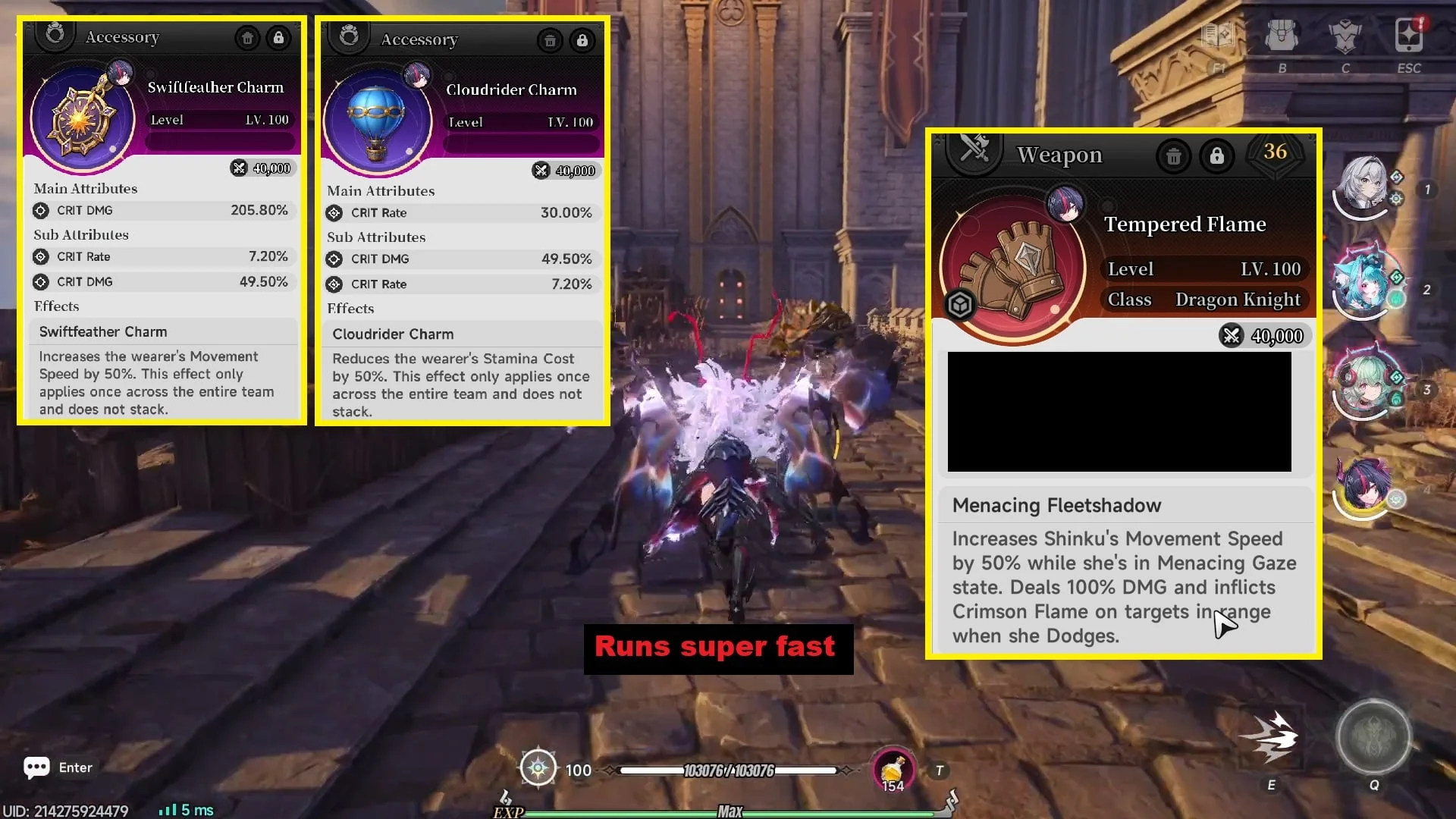 Swiftfeather and Cloudrider Charm make Shinku's Rampage Form extremely fast