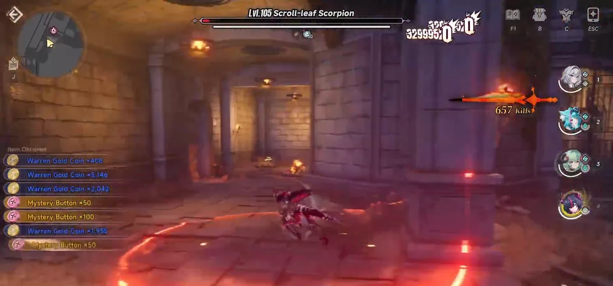The Crimson Castle loop dropping Mystery Buttons in stacks of 50 and 100 alongside Warren Gold Coins