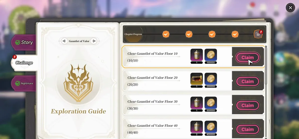 Gauntlet of Valor missions on the Exploration Guide Challenge tab, each paying Warren Gold Coins plus equipment