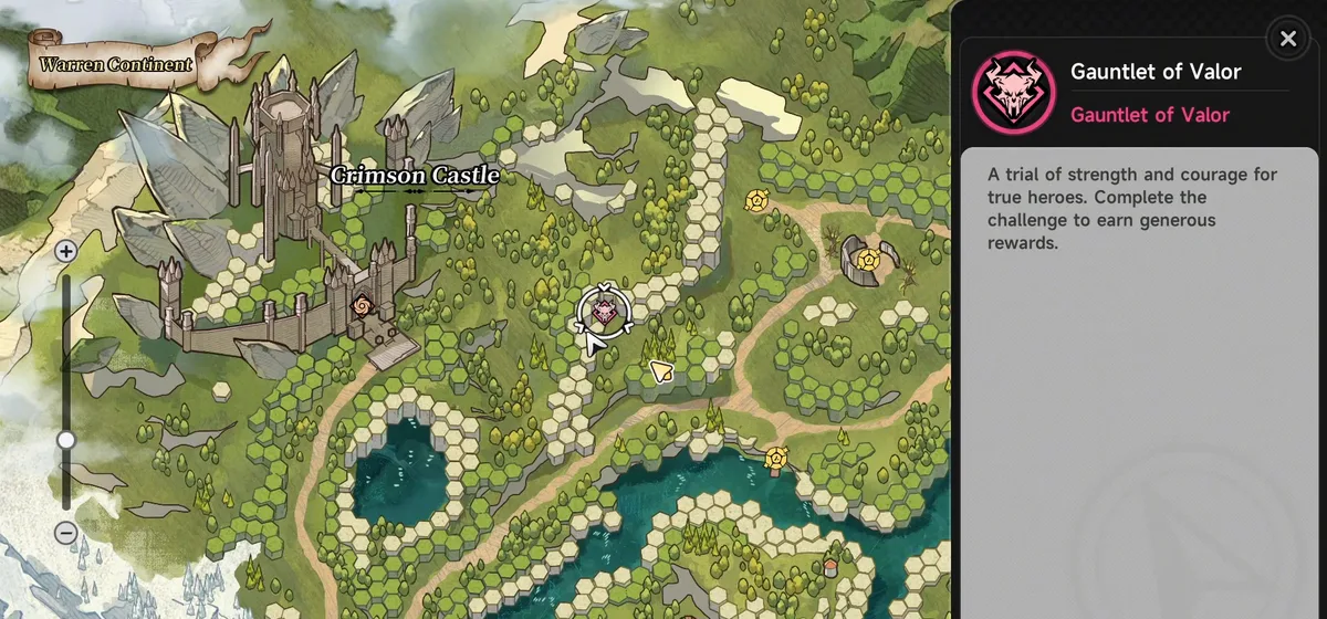 The Gauntlet of Valor teleport point on the Warren Continent map, east of Crimson Castle