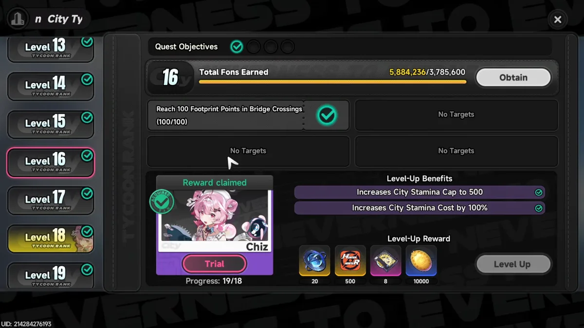 City Tycoon level 16 milestone screen showing the doubled Fon generation rate