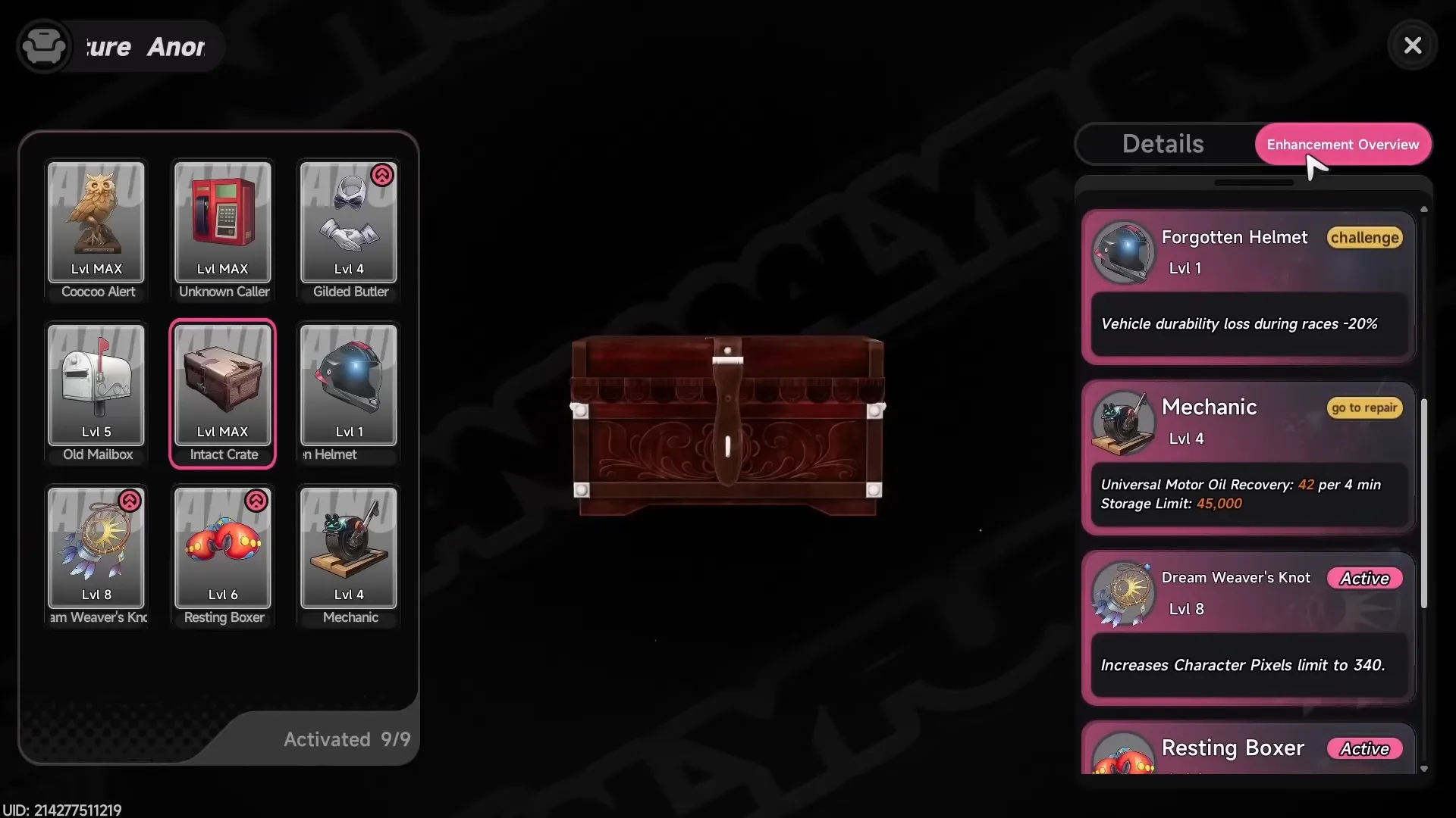 The Intact Crate furniture item at max level in the Anomaly Furniture Enhancement Overview