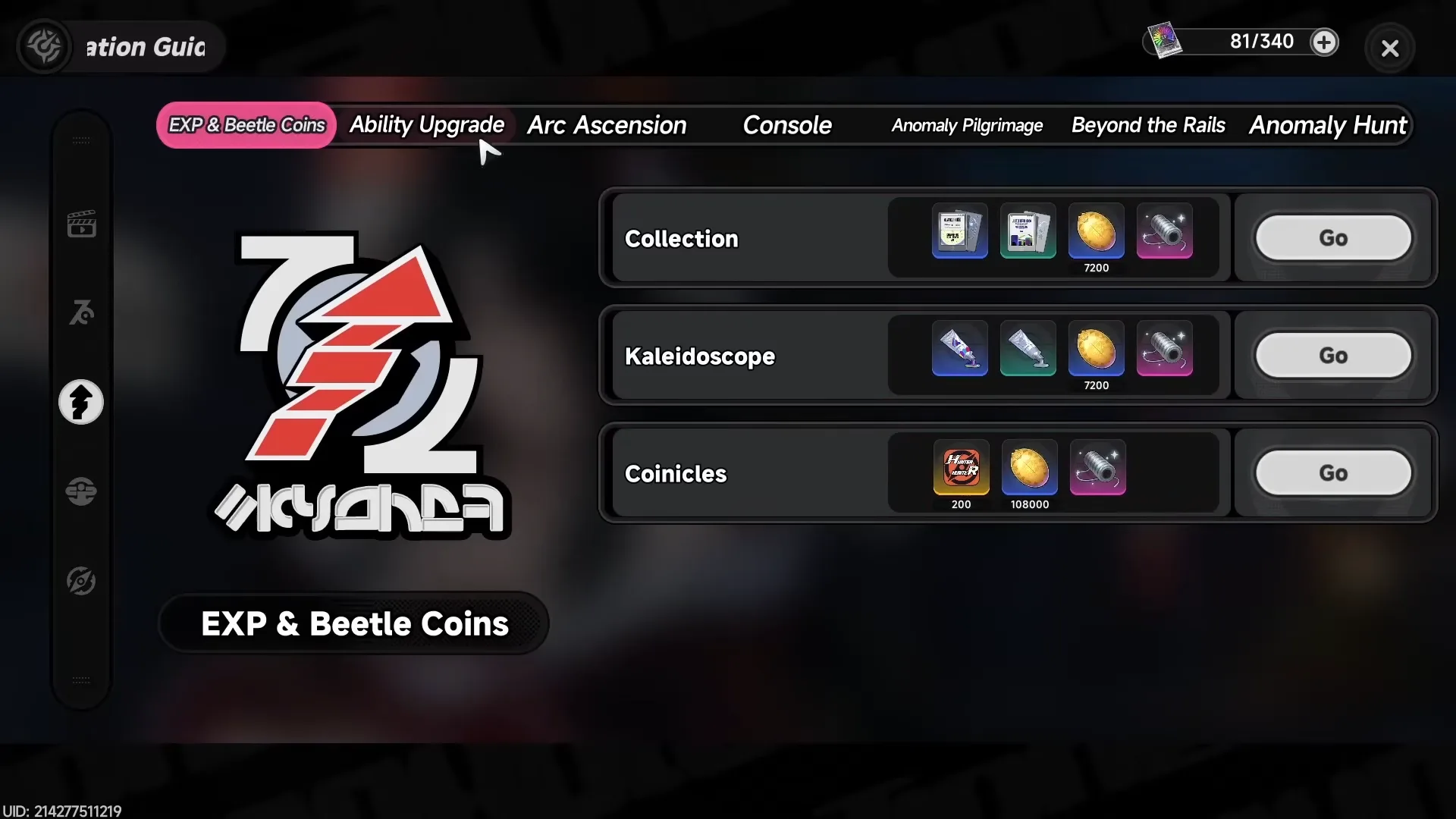 The Exploration Guide's EXP & Beetle Coins section showing the Collection, Kaleidoscope, and Coinicles modes