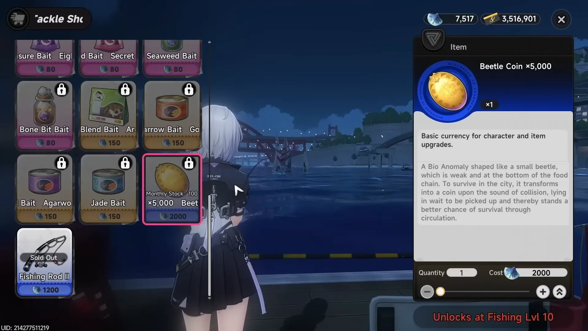 The Tackle Shop showing Beetle Coin ×5,000 bundles locked behind Fishing Level 10
