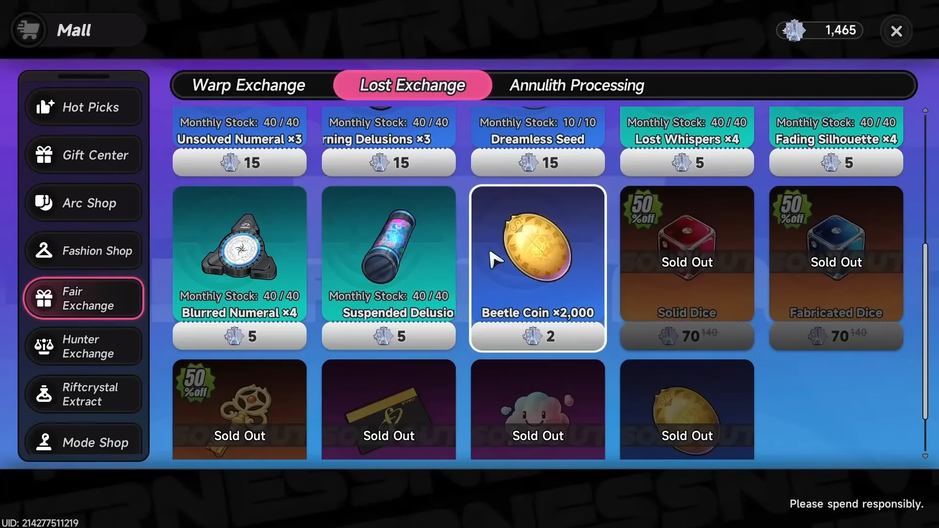 The Mall's Lost Exchange tab showing Beetle Coin ×2,000 bundles alongside gacha materials