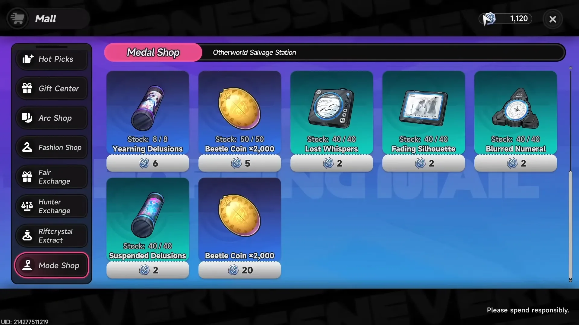 The Mode Shop's Medal Shop tab showing Beetle Coin ×2,000 available for mode currency
