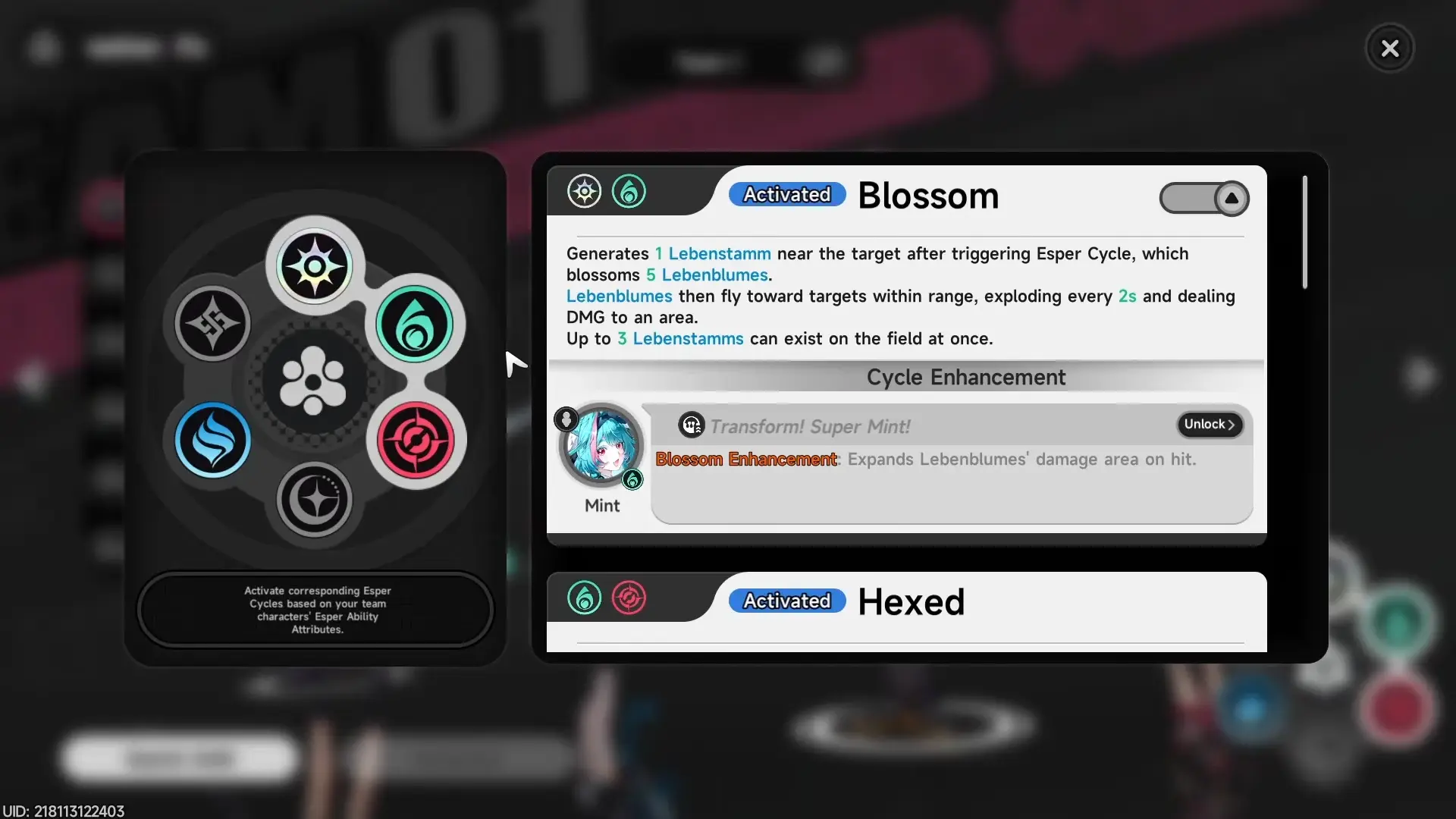 The Elemental Wheel in-game: Blossom (Anima + Cosmos) and Hexed (Anima + Incantation) reactions activated