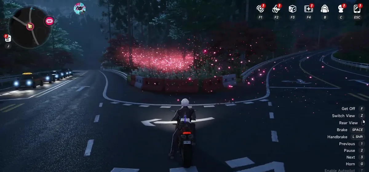 The red glowing lights mark the chase route for Fawn Alone. Stay on your vehicle and cut corners toward the next light in the chain.