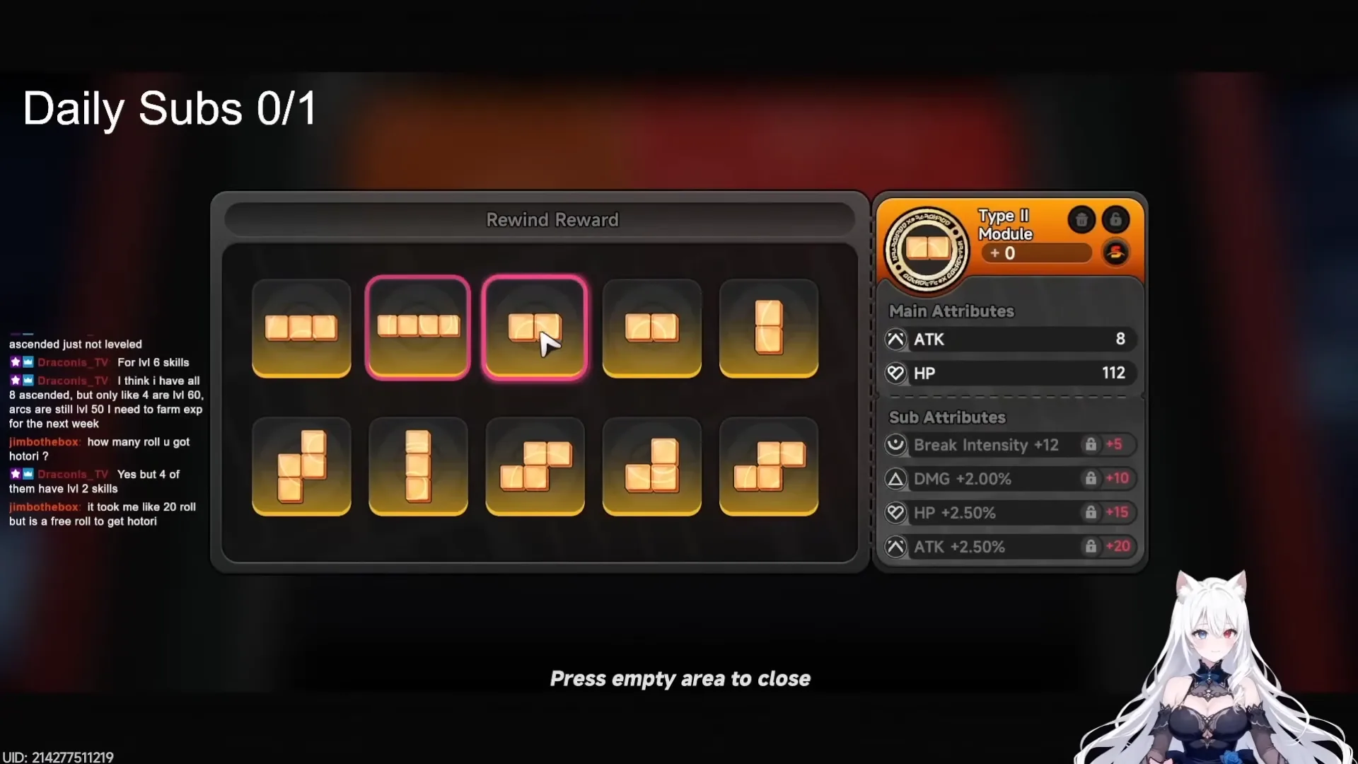 The Rewind Reward module selection screen showing module shapes and the substat breakdown panel