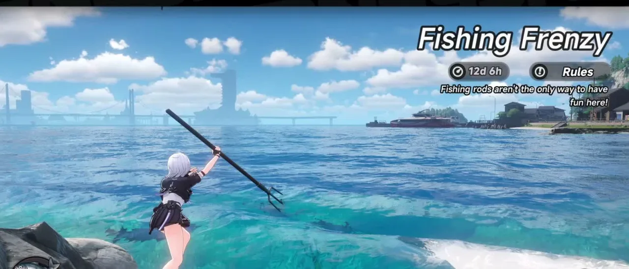 The Fishing Frenzy event page showing the remaining event time, the Rules button, and the current fishing pond count