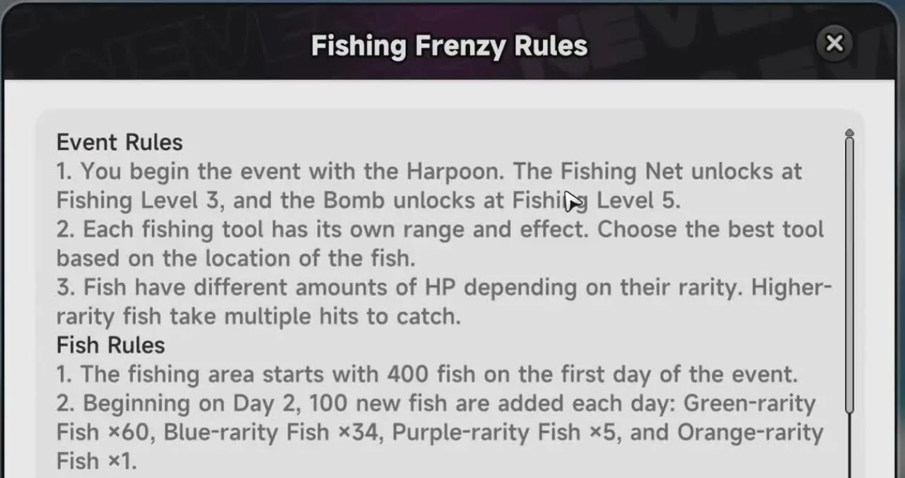 The Fishing Frenzy Rules panel listing the tool unlocks, fish HP by rarity, and the daily restock schedule