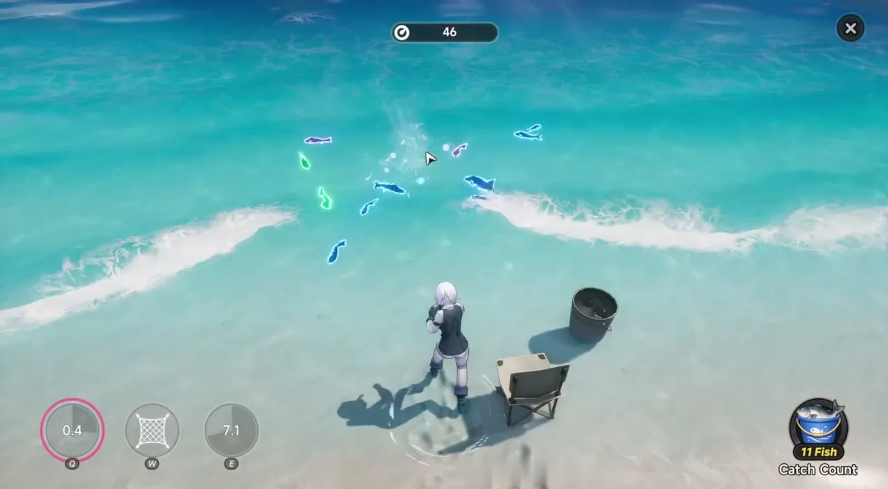 A Fishing Frenzy run with the 60-second timer, the Harpoon, Net and Bomb cooldowns on Q, W and E, and the Catch Count tracker