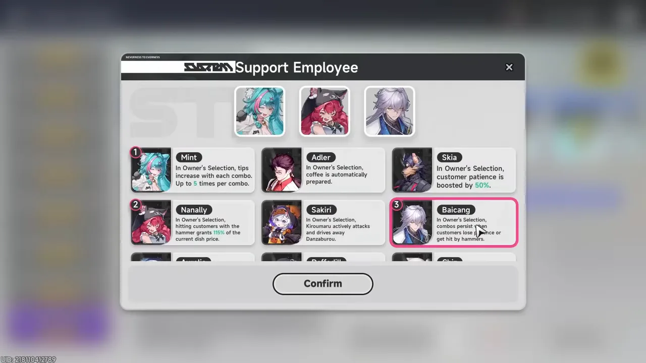 Owner's Selection support employee setup with Mint, Nanally, and Baicang selected