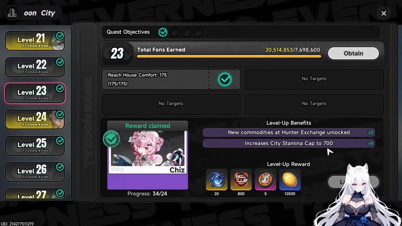 City Tycoon Level 23 reward screen showing the City Stamina cap increase to 700
