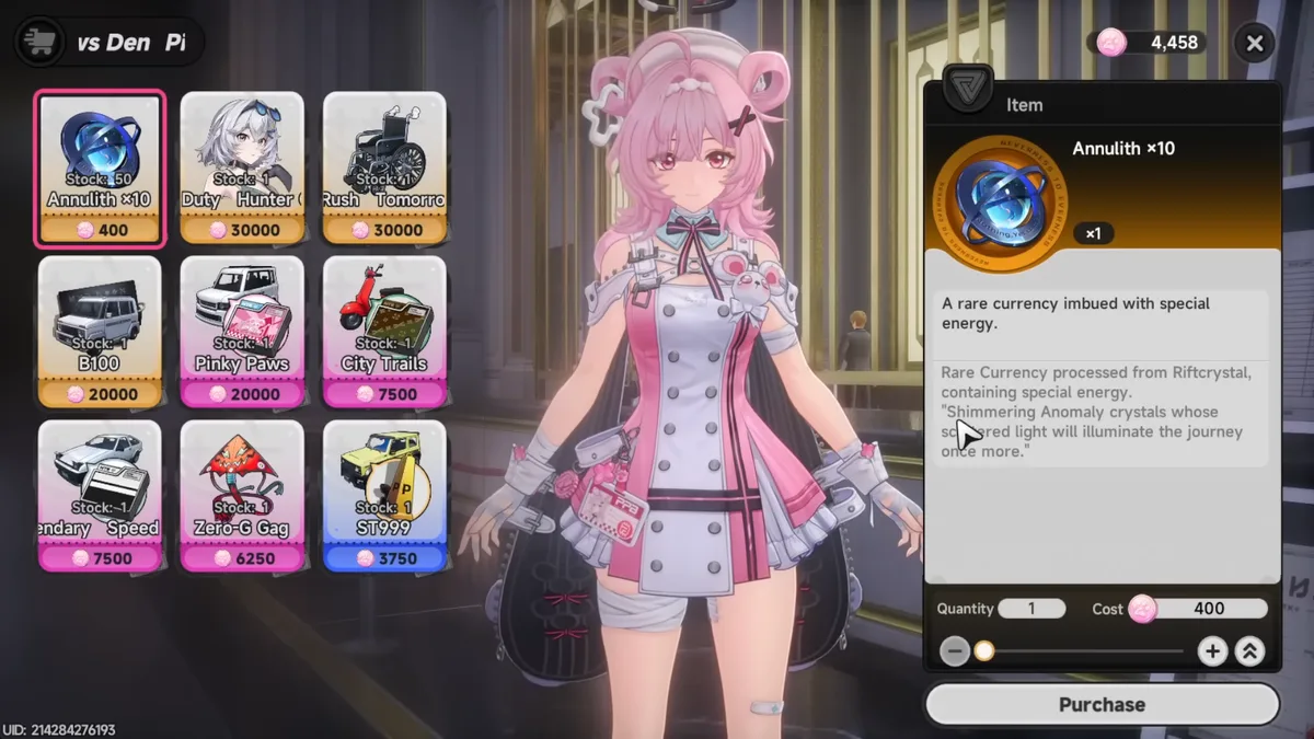 Pink Paws Credits rewards exchange screen showing Annulith and skin options