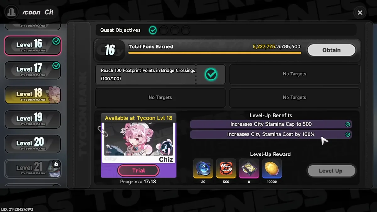 City Tycoon Level 16 milestone screen showing the doubled stamina consumption rate