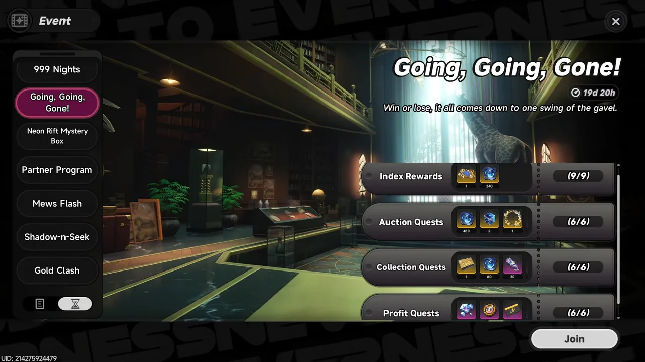 Going, Going, Gone! event screen showing Index Rewards, Auction Quests, Collection Quests, and Profit Quests