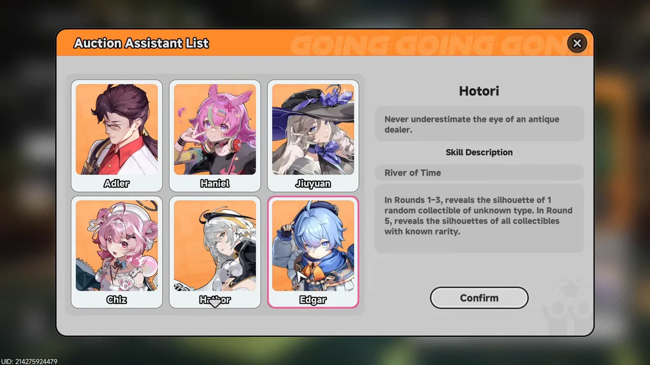 Auction Assistant List showing Adler, Haniel, Jiuyuan, Chiz, Hotori, and Edgar, with Edgar's River of Time skill selected