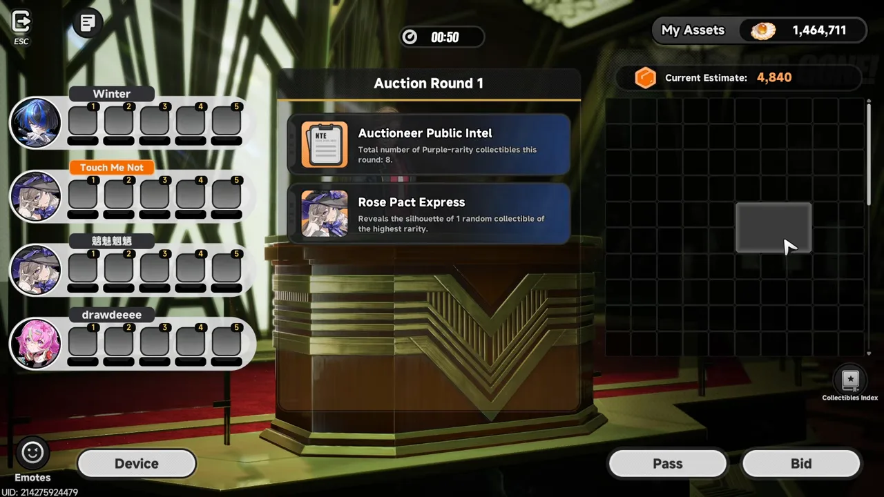 Auction Round 1 screen showing the bidding grid, opponent bid slots, Auctioneer Public Intel, and the current value estimate