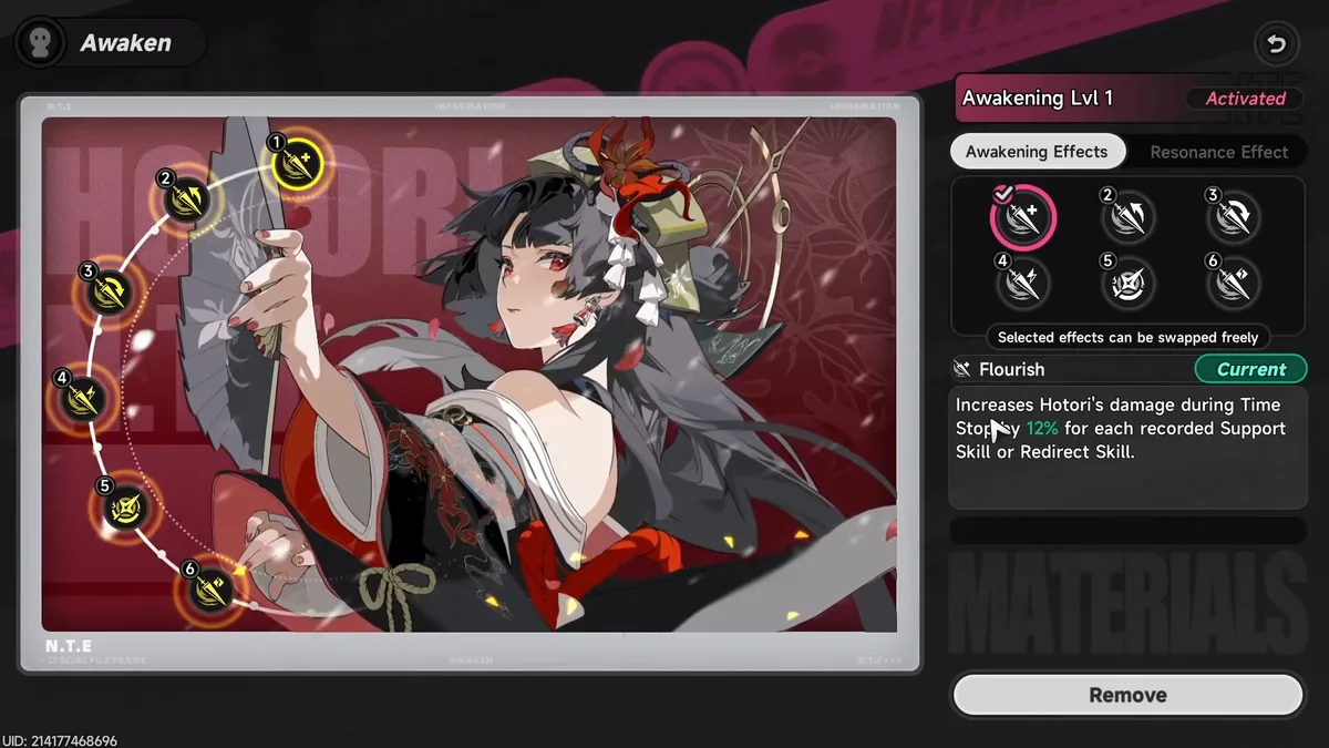 Hotori's Awakening screen showing the A1 Flourish node