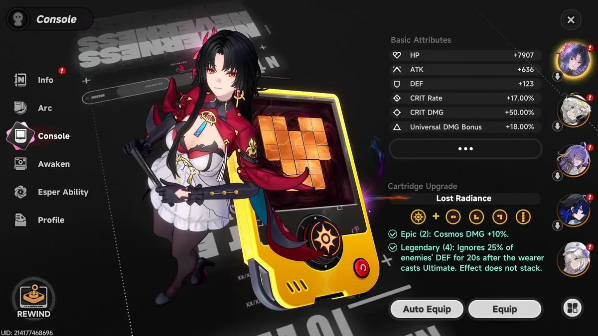 Hotori's Console screen with Lost Radiance set equipped