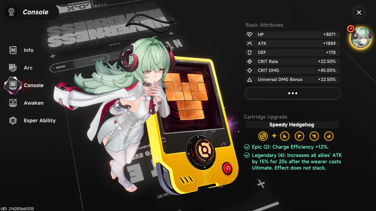 Speedy Hedgehog console set configured on Iroi's loadout