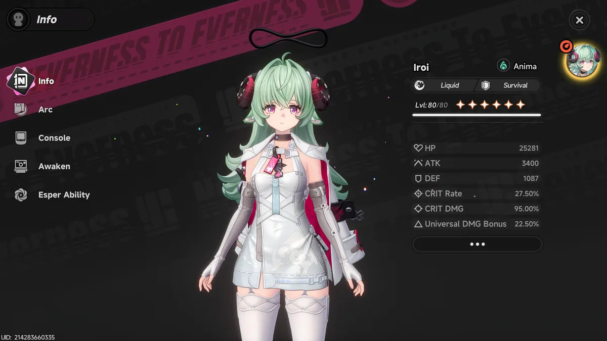 Iroi's Info screen, showing her Liquid/Survival identity and base stat spread