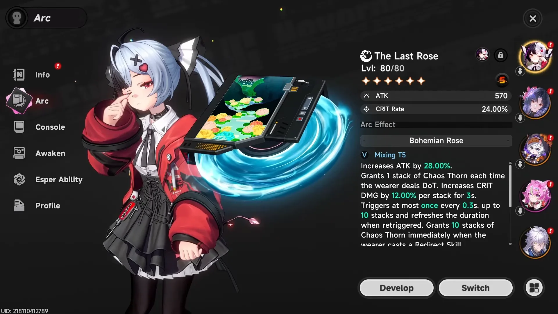 The Last Rose Arc equipped on Lacrimosa — Crit Rate main stat and Chaos Thorn stacking