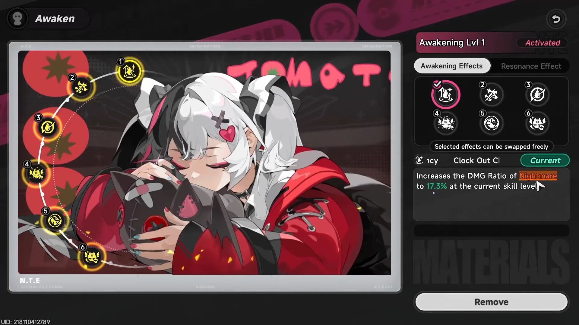 Lacrimosa's Awakening screen showing the six selectable nodes