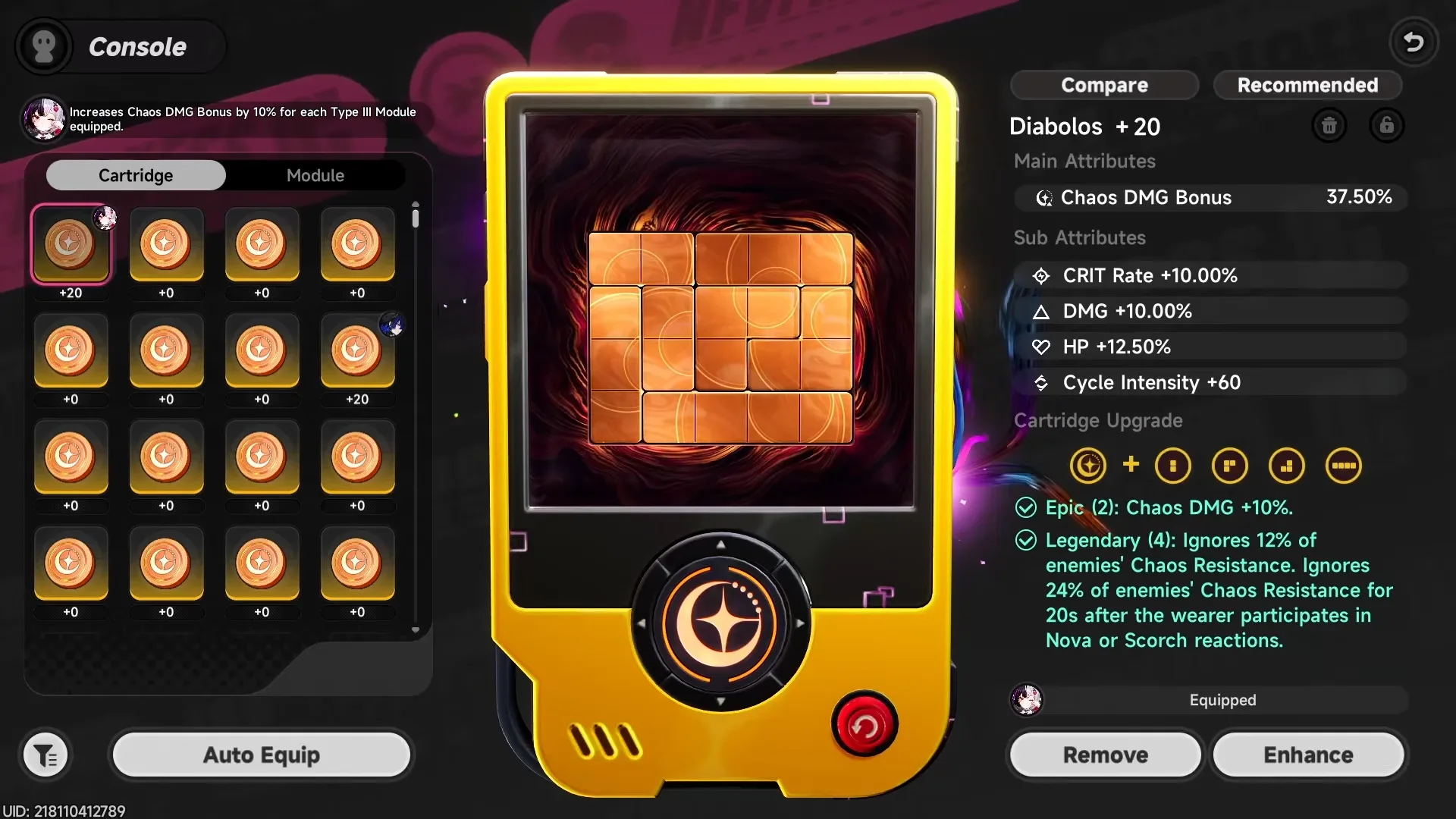 Diabolos console set equipped on Lacrimosa, showing the Chaos Resistance Ignore bonuses