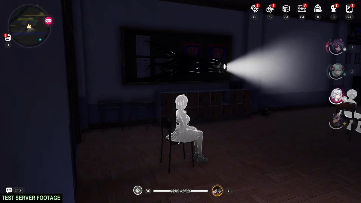 Sit down like the other figures while the anomaly's light sweeps the classroom.