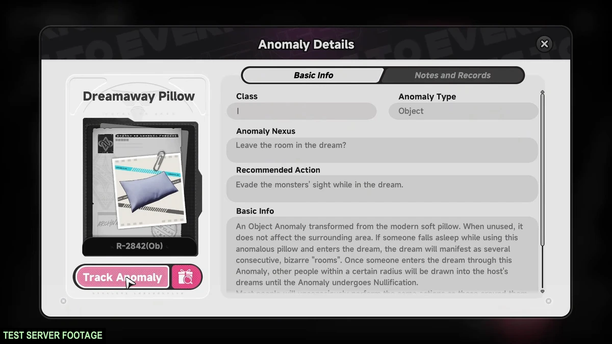 The Dreamaway Pillow entry. Its recommended action is to evade the monsters' sight while in the dream.