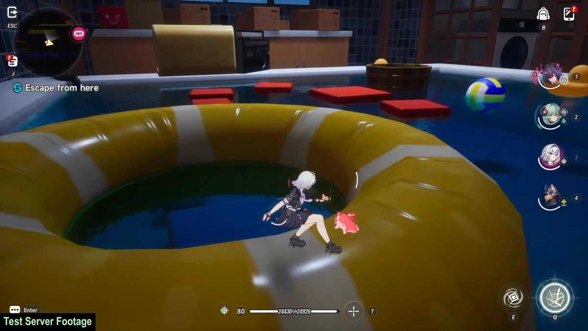 The bathroom is full of water, floating platforms and bubbles.