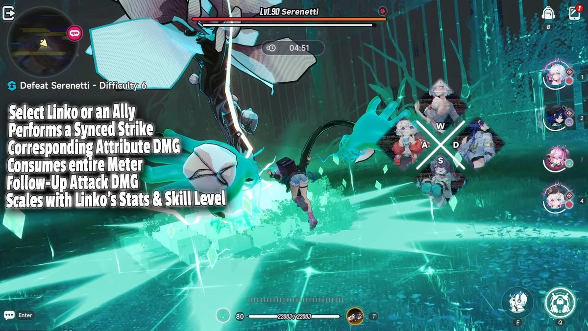 The selection wheel open, and what the Synced Strike it fires is worth