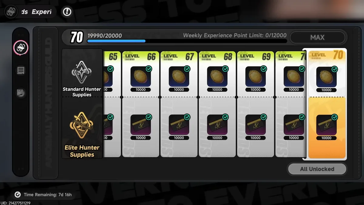 Battle Pass at Level 70 with all Standard and Elite Hunter Supplies rewards claimed across the final levels