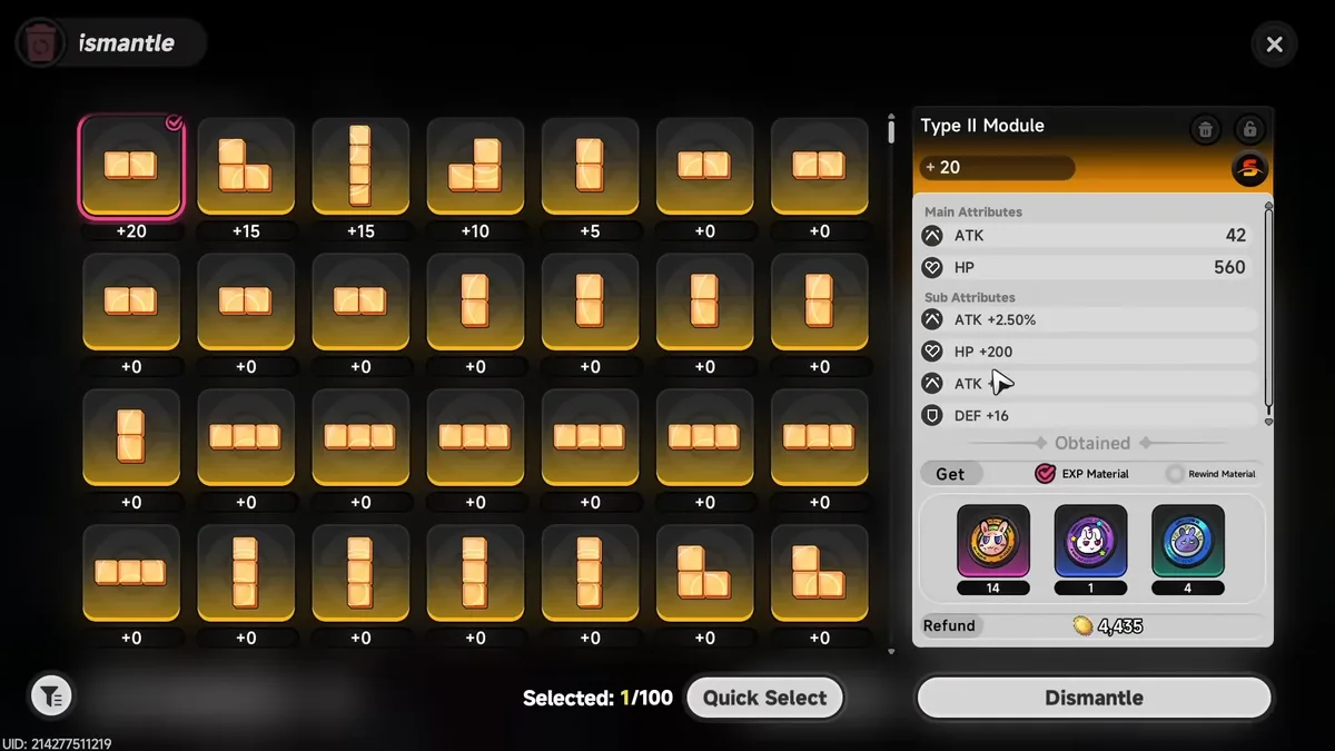 The Dismantle screen showing a Type II Module selected for dismantling, with full XP and rewind material returns displayed