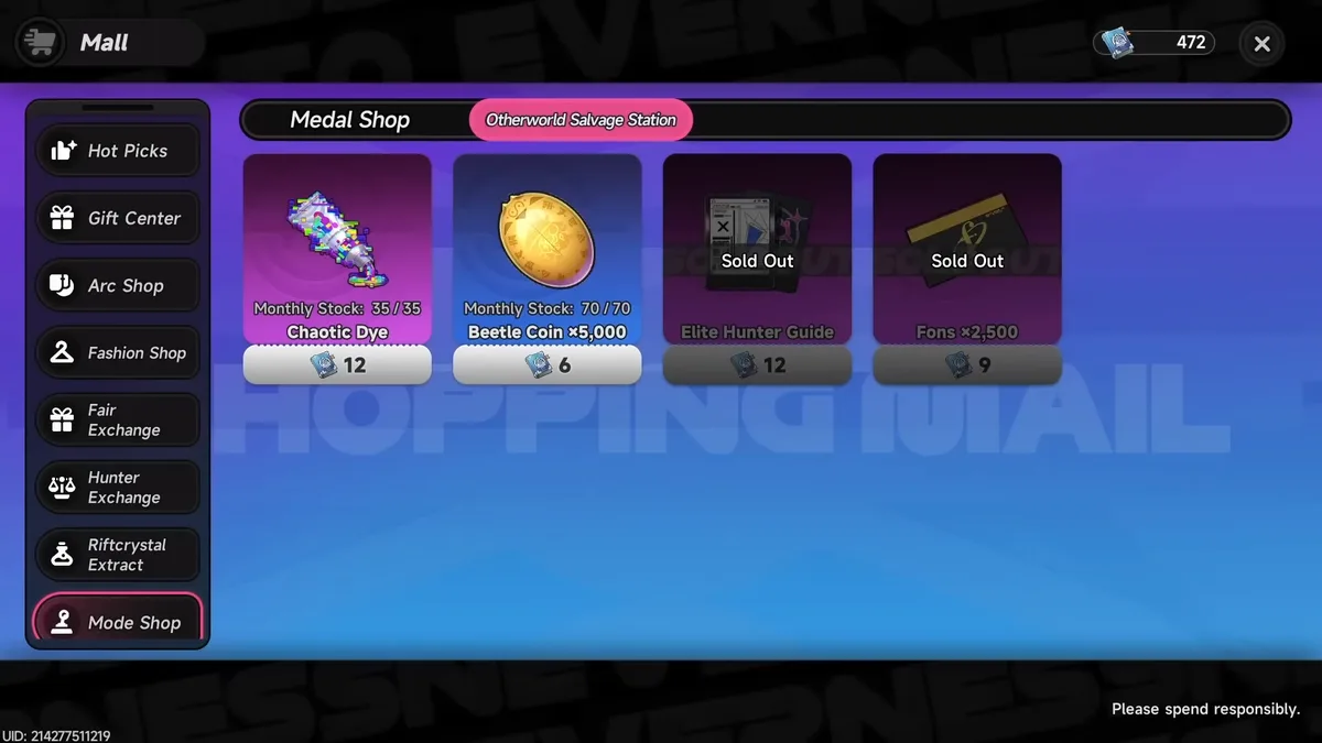 The Otherworld Salvage Station tab in the Mall showing Chaotic Dye and Beetle Coins with remaining monthly stock