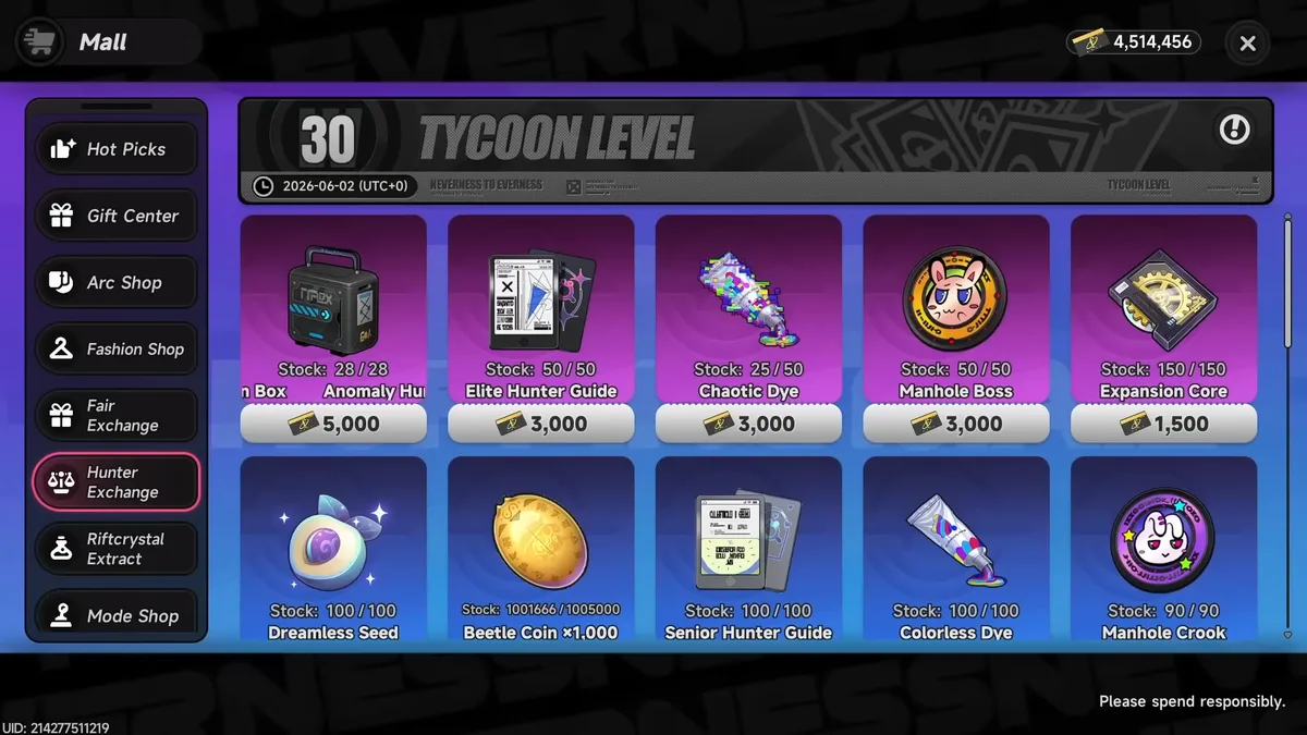 City Tycoon Level 30 Hunter Exchange showing the full inventory including Elite Hunter Guides, Chaotic Dye, and Annuliths