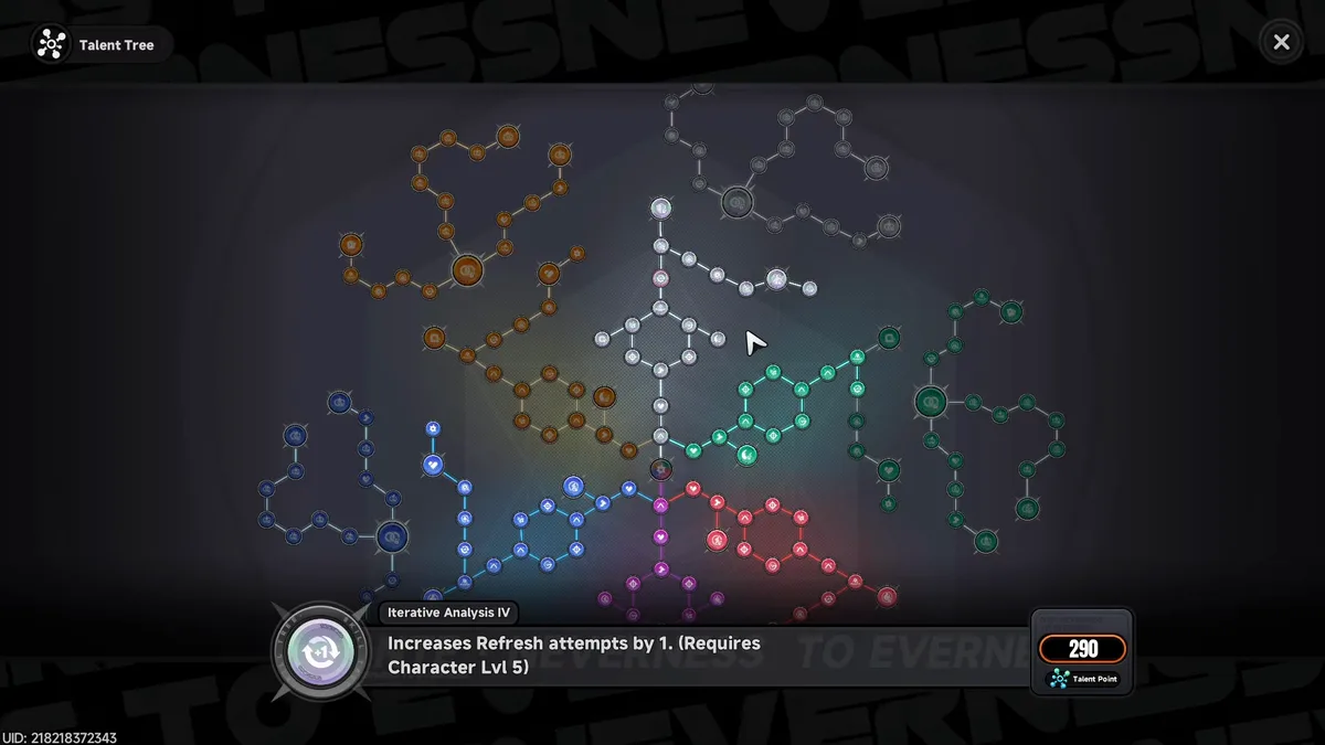 The Skill Tree: element-colored branches, each node costing Talent Points.