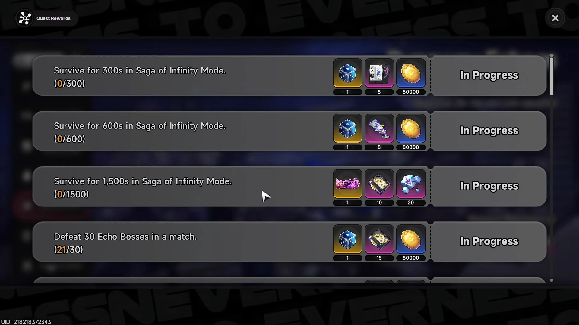 Saga of Infinity quests: survive for 300s, 600s and 1,500s, and defeat 30 Echo Bosses in a match.