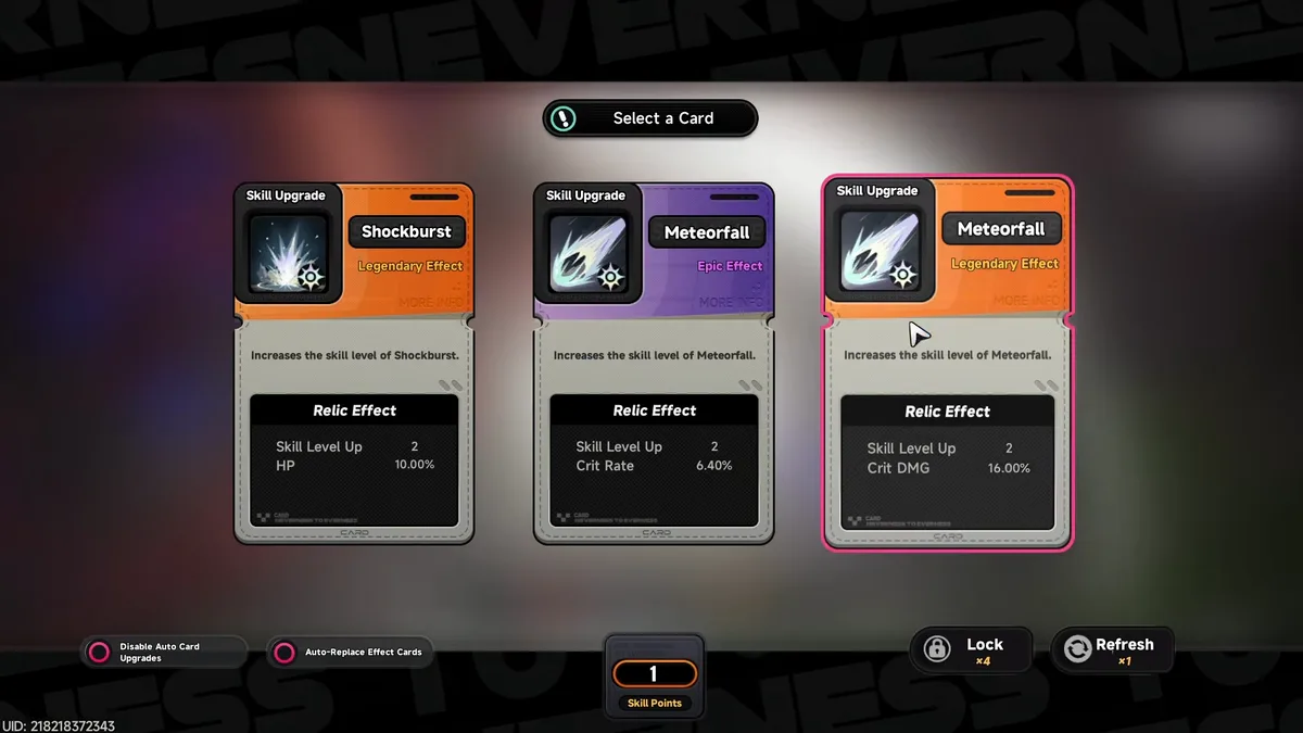 A level-up offer: two Skill Upgrade cards and a third on the same skill at a higher rarity.